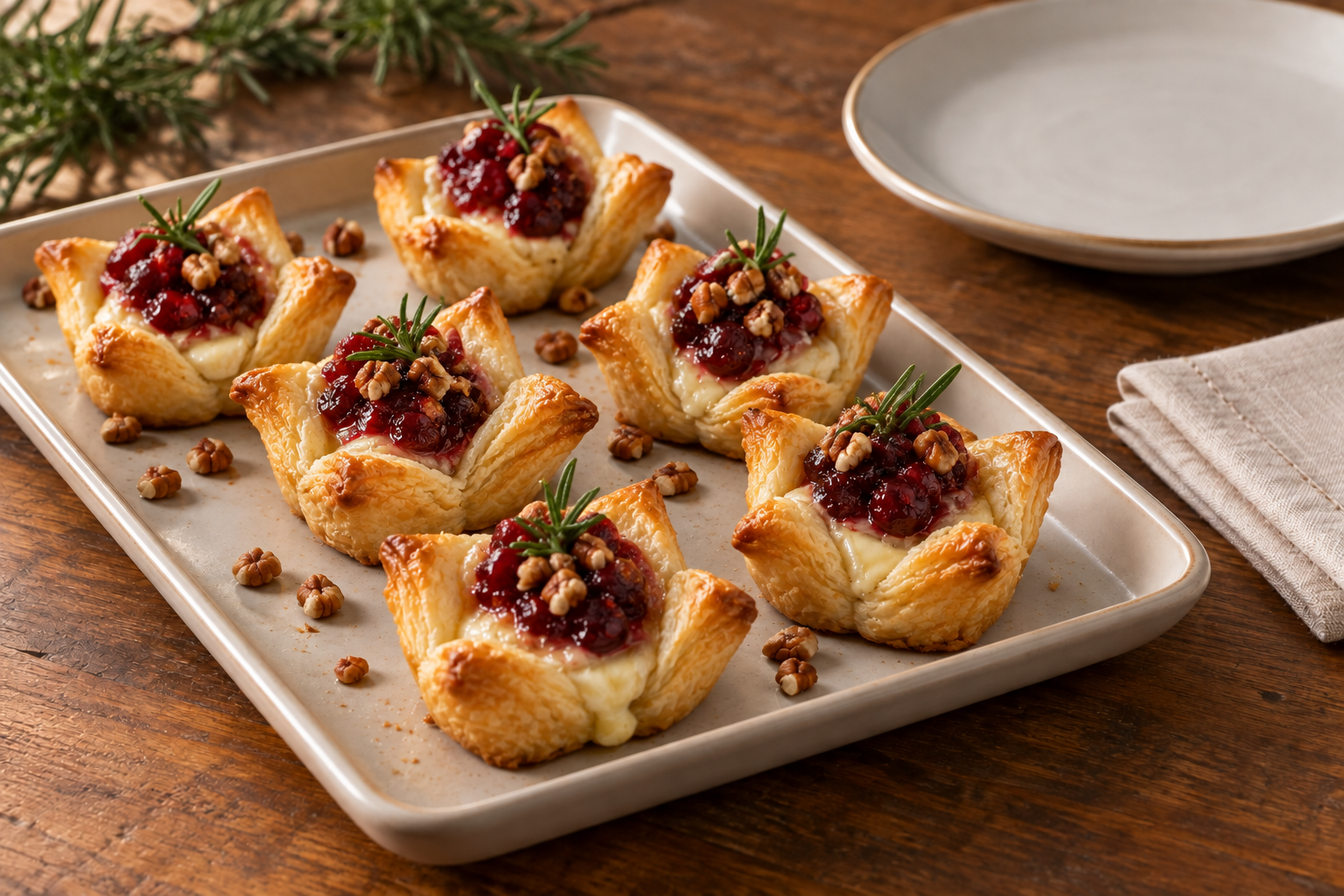 Open crescent cups with cranberry sauce, brie and pecans