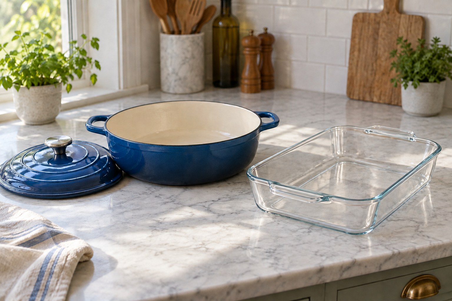 Unbranded blue enamel braiser beside a transparent rectangular glass baking dish