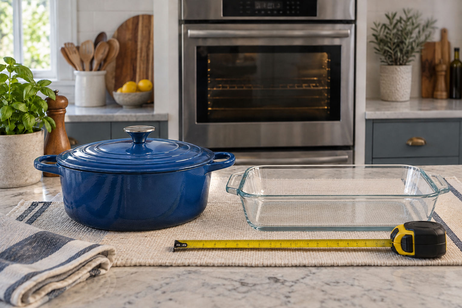 Cool empty enamel cookware and transparent glass dish beside a measuring tape