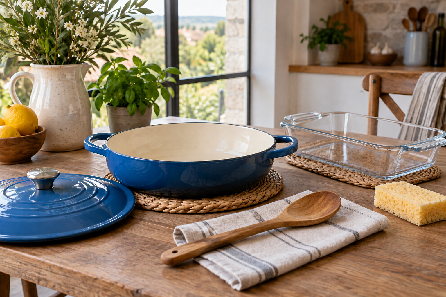 Enamel cookware and transparent glass baking dish with gentle cleaning tools