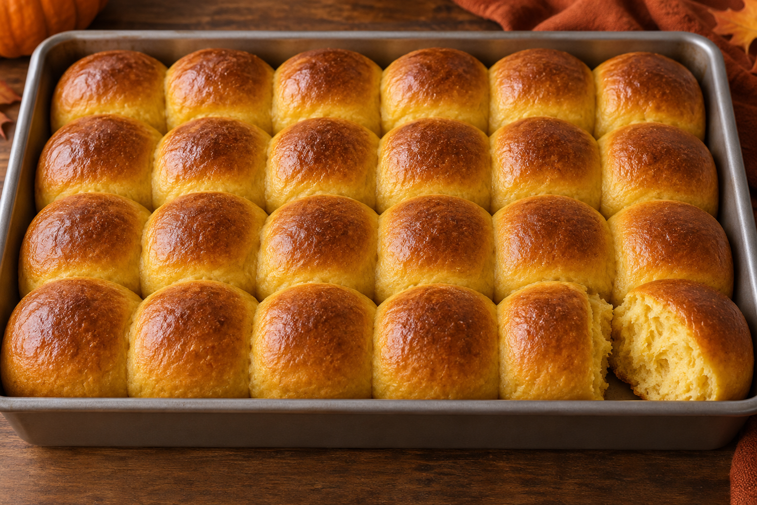 Twenty-four round golden pumpkin rolls in a rectangular pan