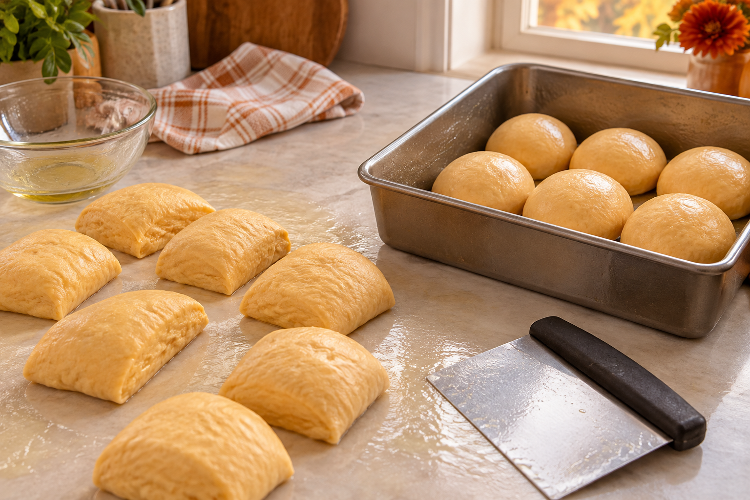 Dough portions being shaped into round rolls