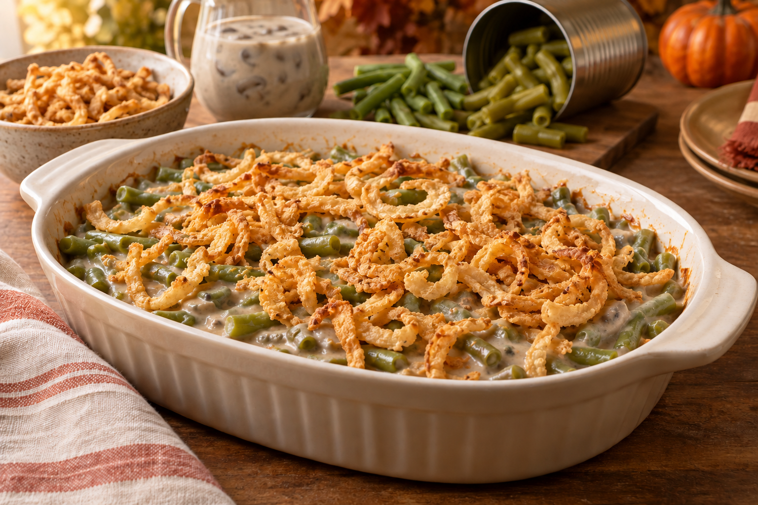 Green bean casserole with crisp fried onions over creamy filling