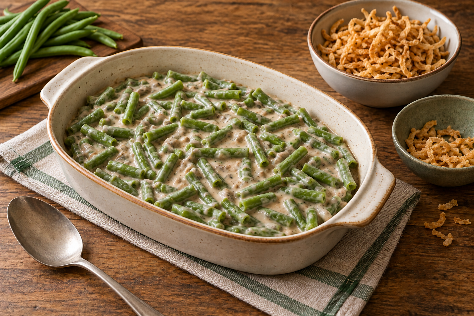Cooked cut beans mixed into creamy filling beside reserved fried onions