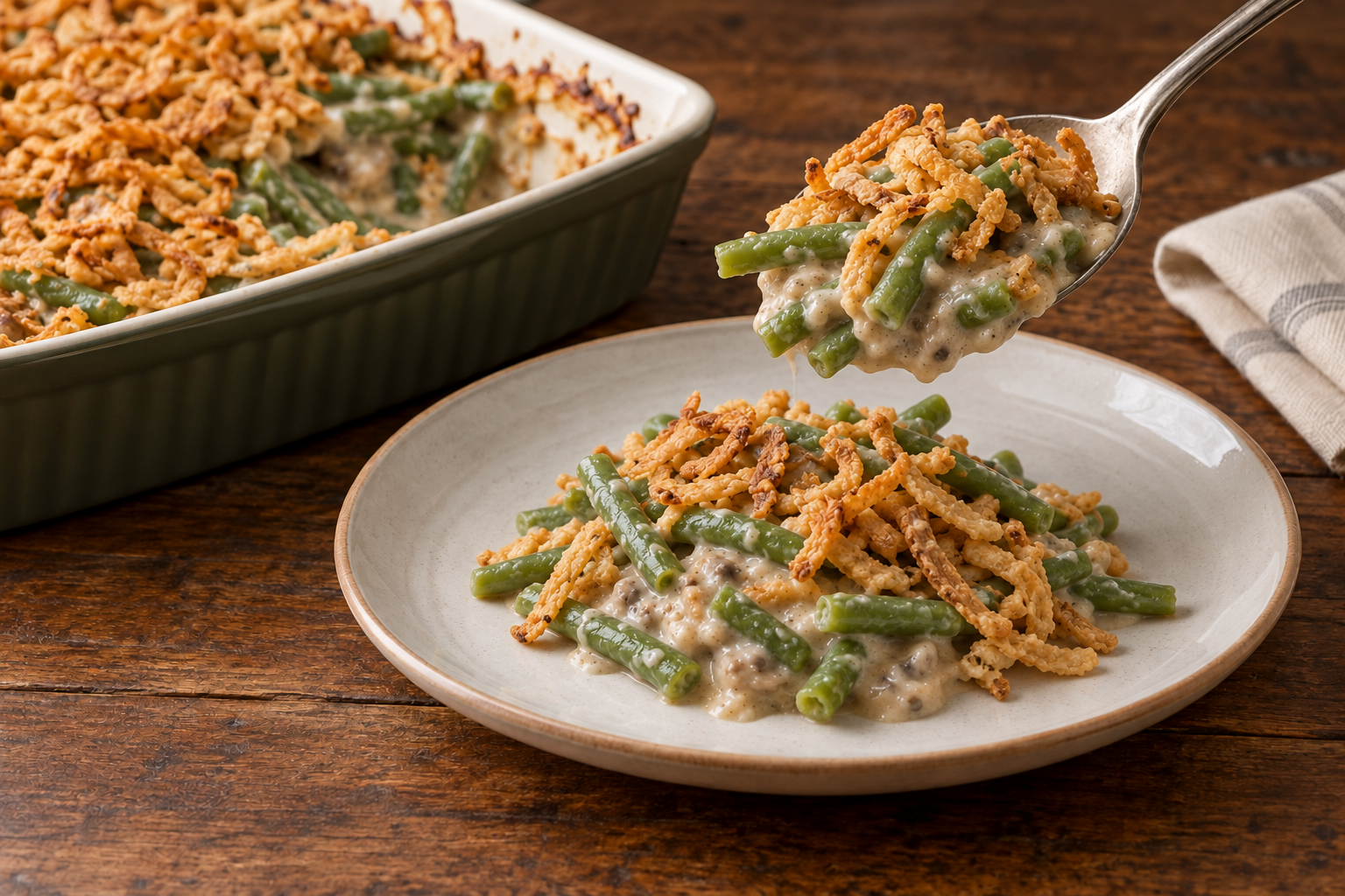Creamy green beans and fried onions served without cheese strands