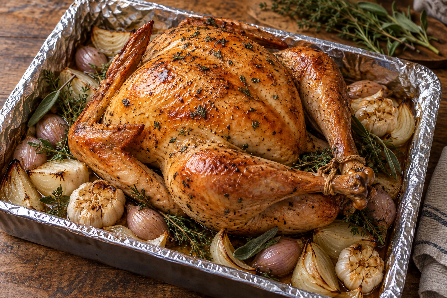 Herb-roasted whole turkey surrounded by onions and garlic