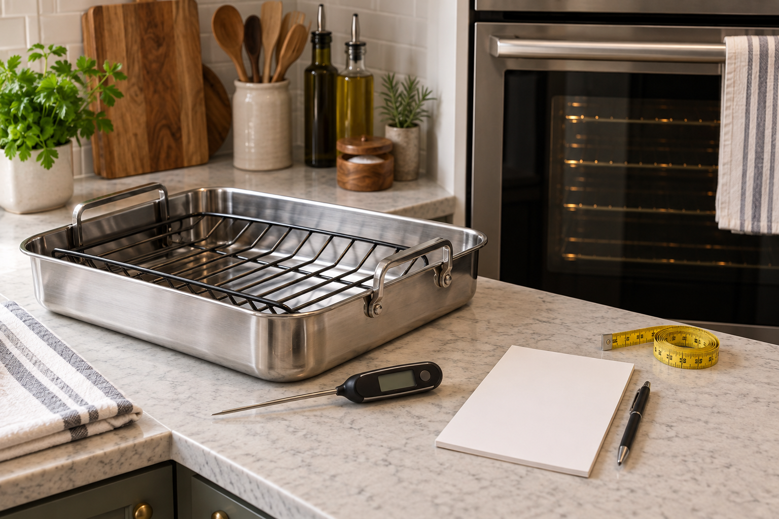 A turkey roasting setup with rack and temperature-checking equipment