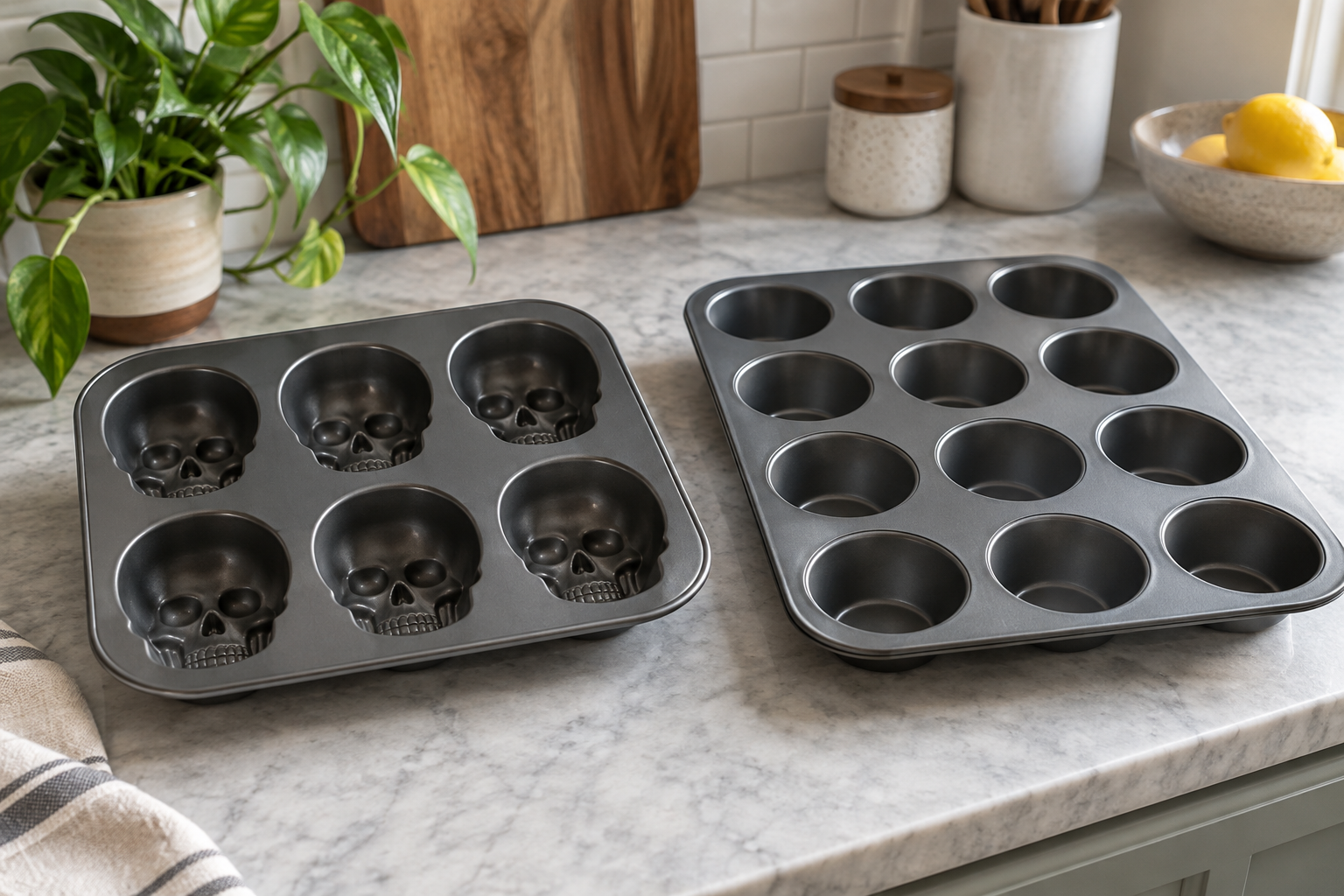 Six-cavity skull mold beside a twelve-well muffin pan
