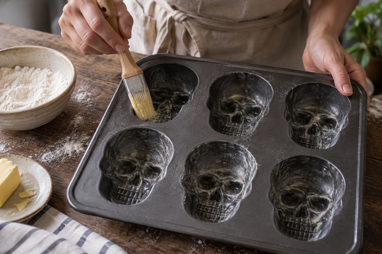 Detailed skull cavities being prepared with grease and flour