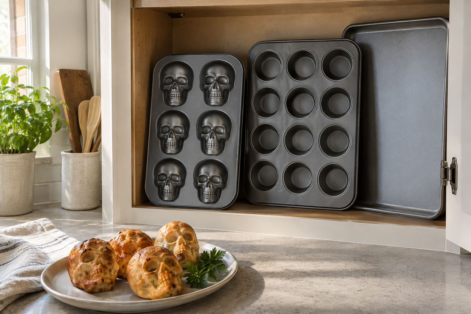 Specialty skull pan and ordinary baking pans stored upright