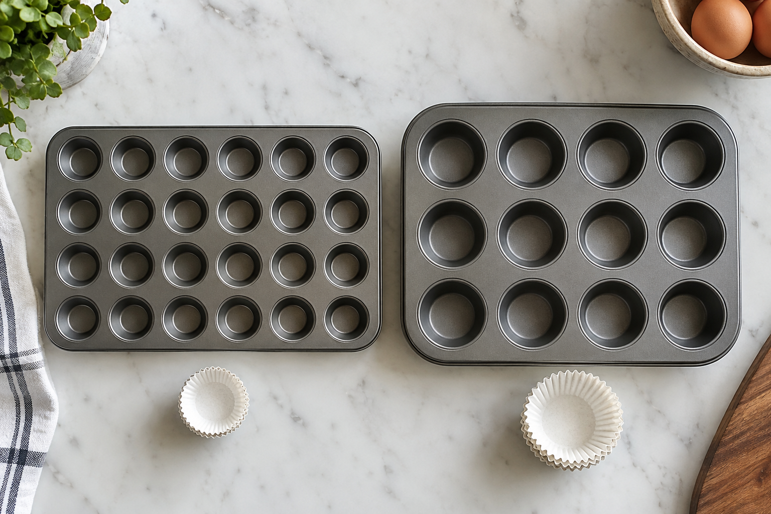 Mini and standard muffin pans with different-size paper liners