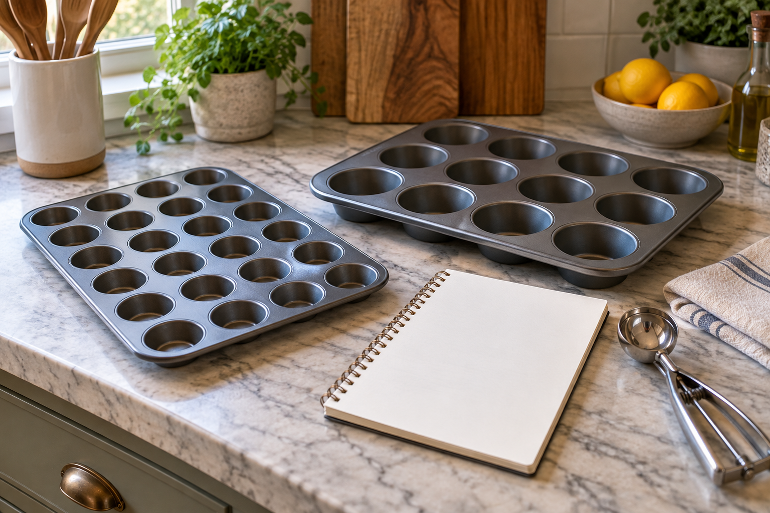 Mini and standard pans beside a portion scoop and planning notebook