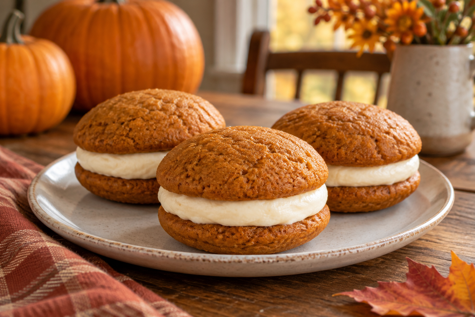 Round pumpkin cake sandwiches with cream-cheese filling