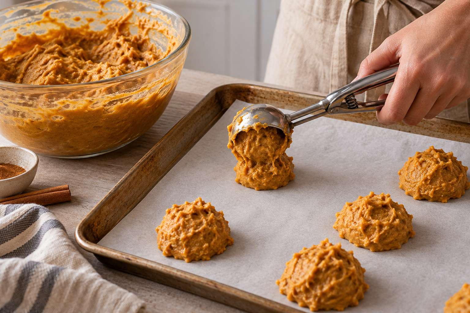 Pumpkin batter portions spaced on a baking sheet