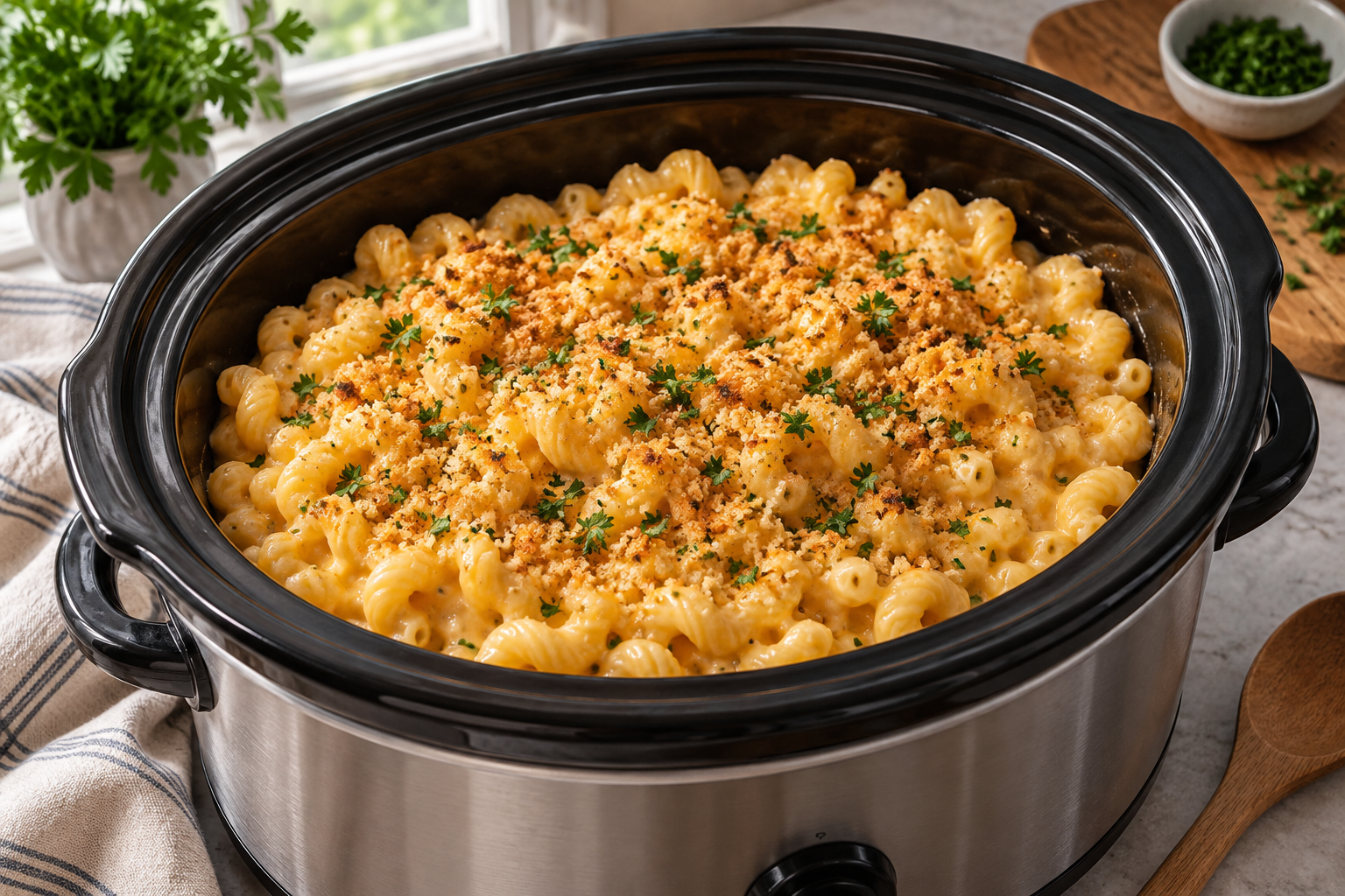Cavatappi mac and cheese with panko and parsley in a slow-cooker insert