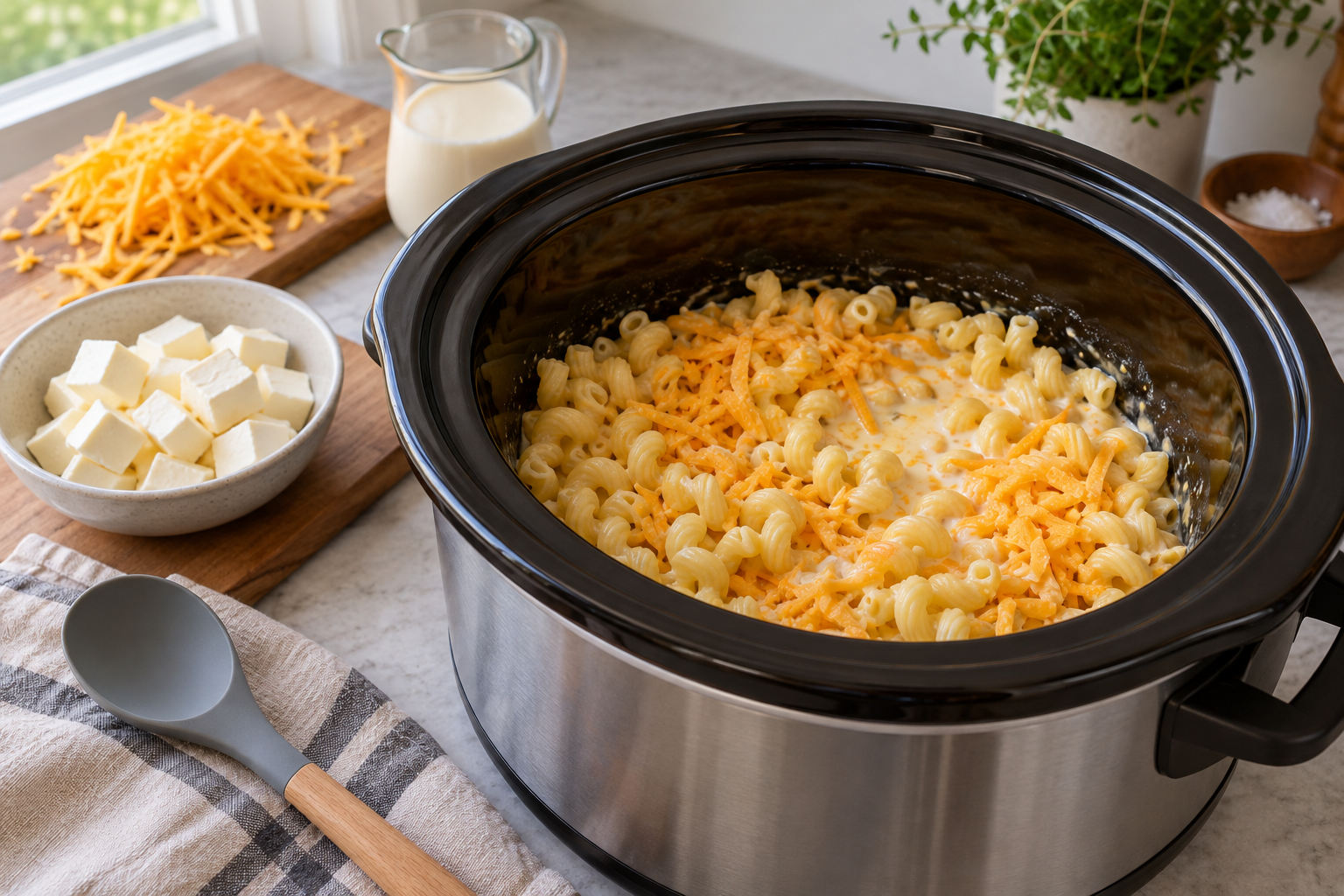 Cheddar, cream cheese and liquid being added to cooked pasta