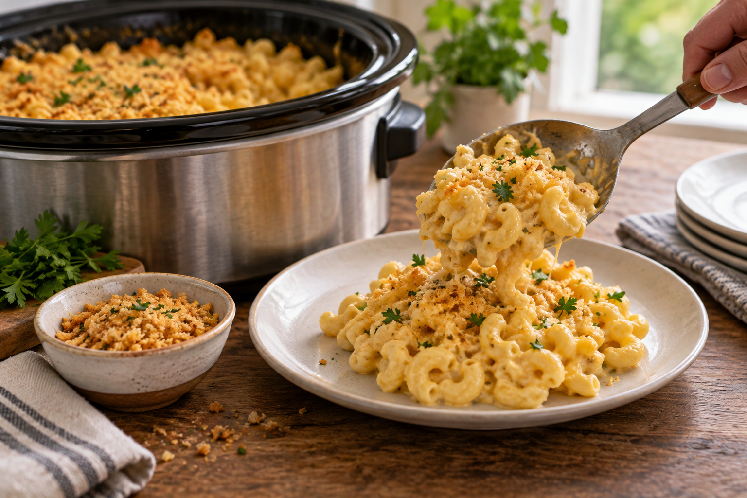 A serving of creamy cavatappi with browned crumb topping