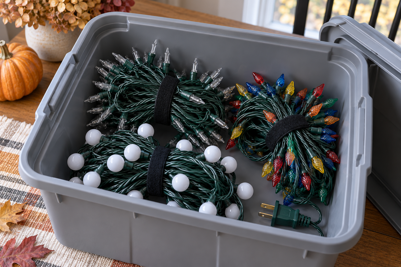 Three unplugged holiday light strings coiled separately in a storage bin with reusable ties