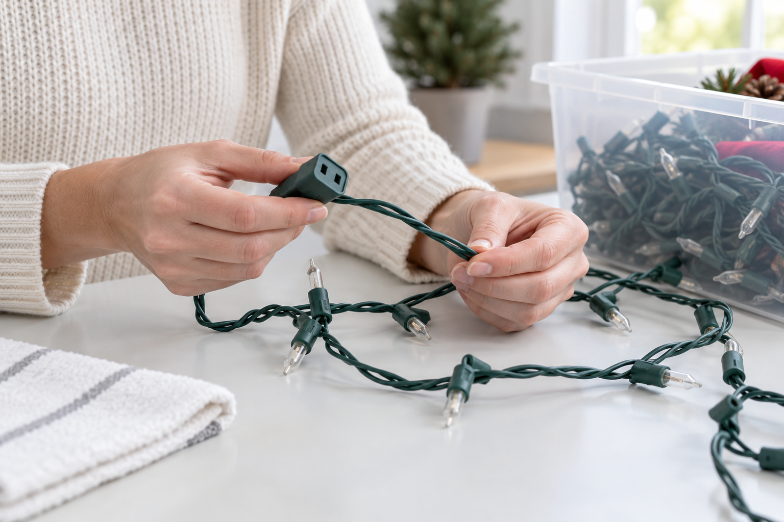 Hands inspecting the plug and insulation of an unplugged holiday light string