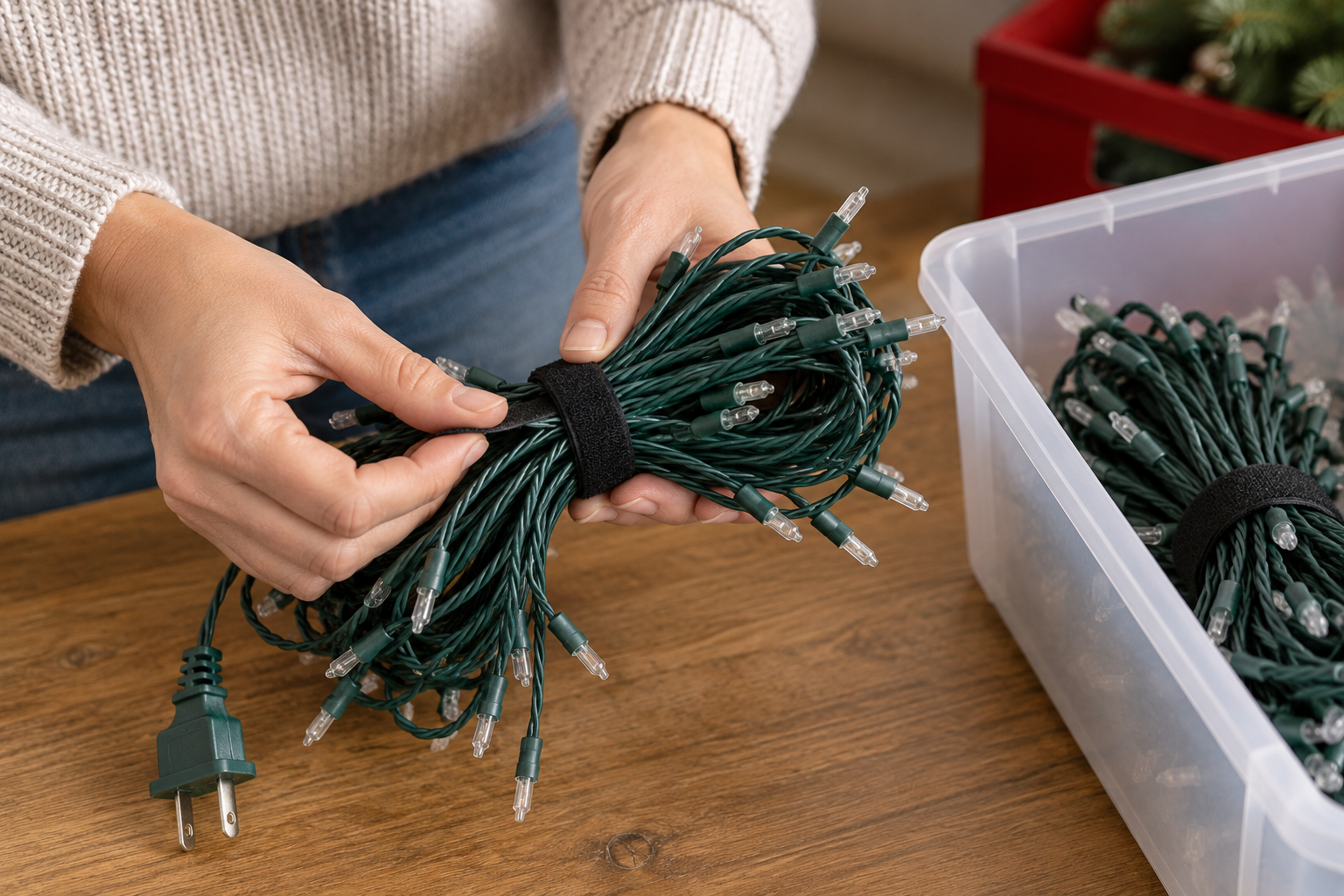 Hands loosely coiling an unplugged light string and adding a black reusable tie