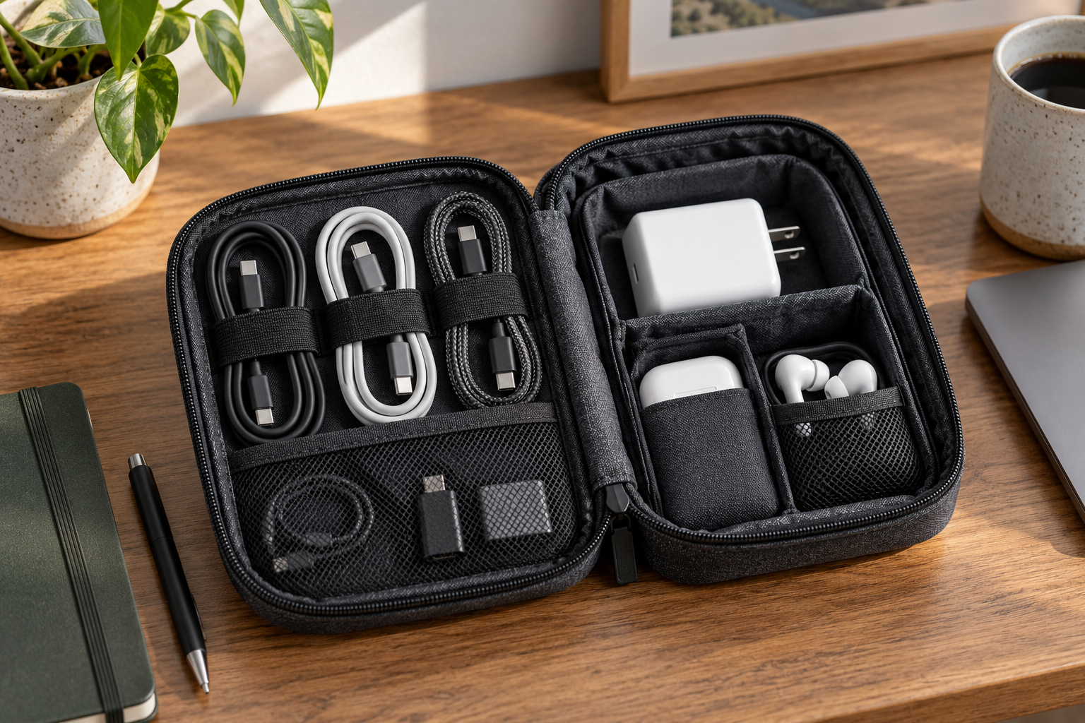 Open travel tech pouch with individually bundled charging cables and separate accessories