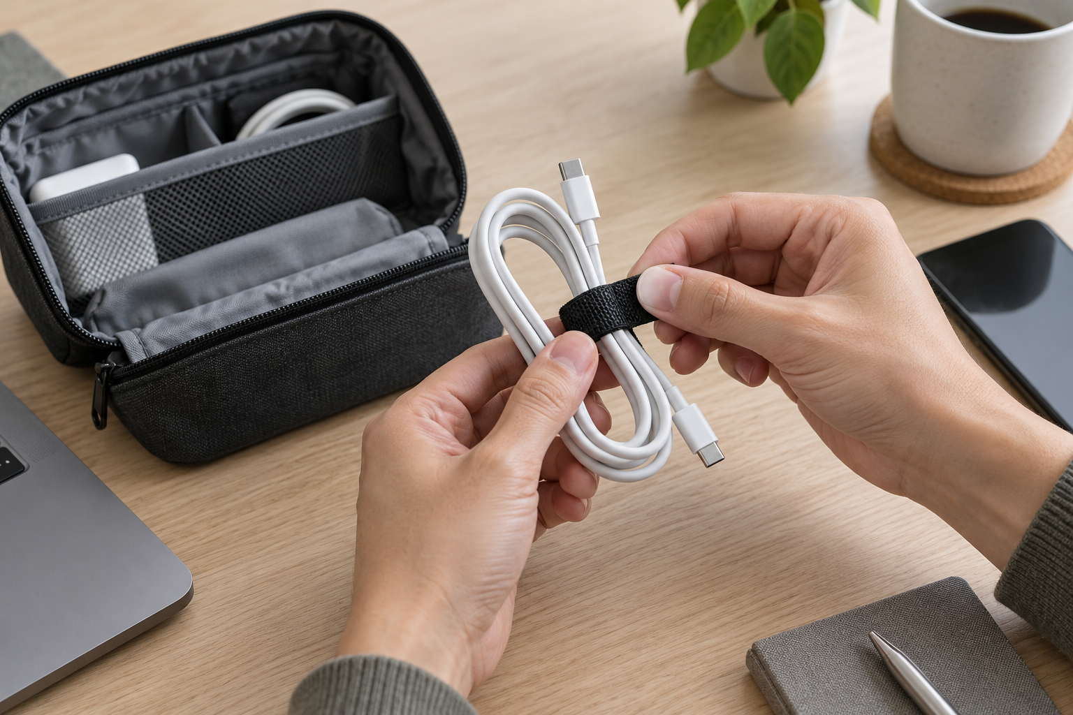 Hands loosely coiling a charging cable and securing it with a black reusable tie