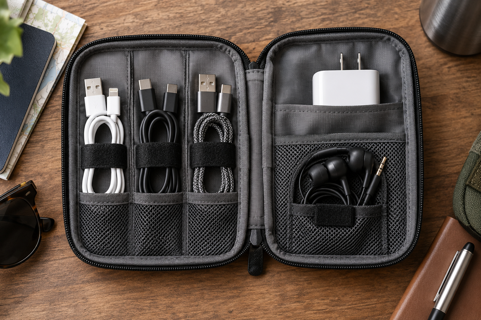 Travel pouch with tied cables separated from a charger and earbuds