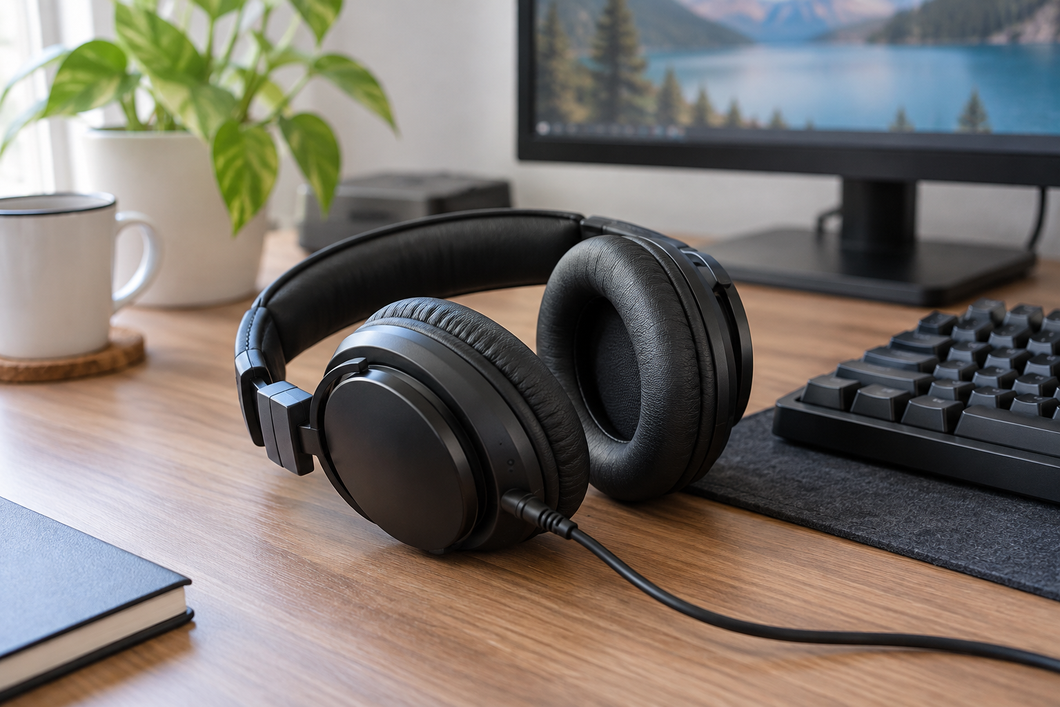 Generic black wired over-ear headphones resting beside a keyboard on a computer desk