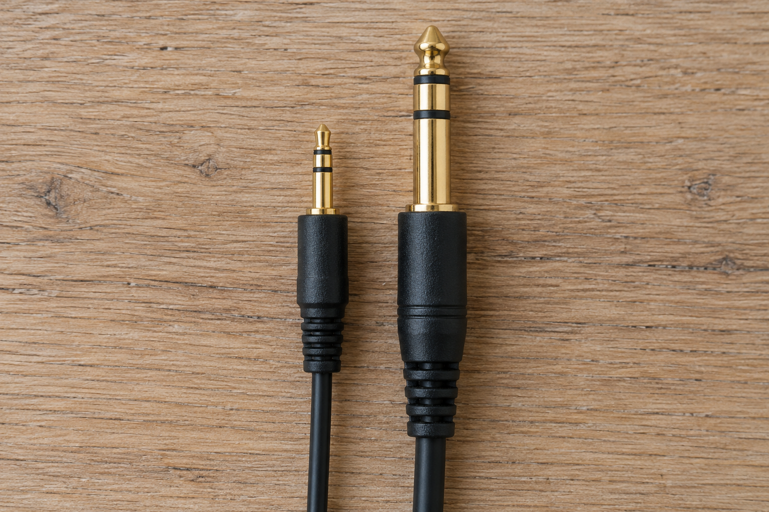 Small 3.5 mm and larger 6.35 mm stereo audio plugs lying side by side on a wooden surface