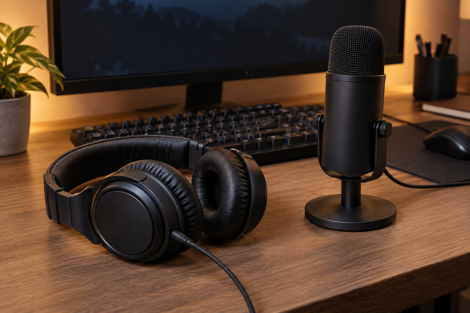 Generic wired over-ear headphones and a separate desktop microphone beside a computer keyboard