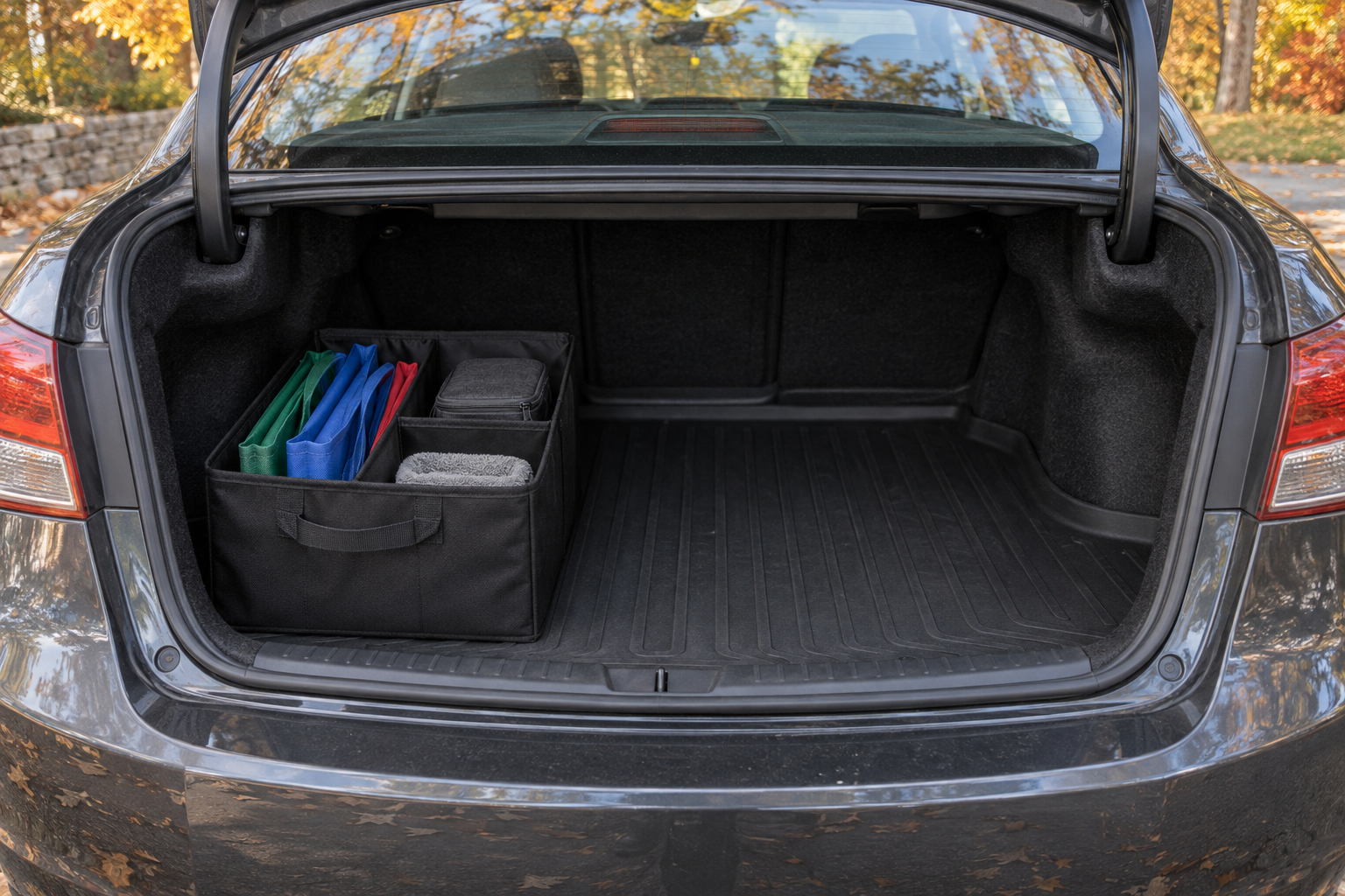 Divided fabric organizer on a rubber mat in a compact trunk
