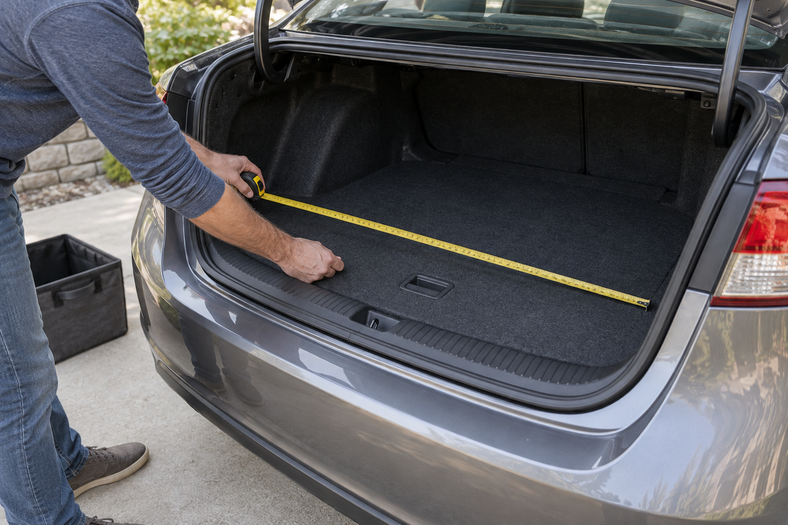 Hands measuring an empty trunk floor with its panel handle visible