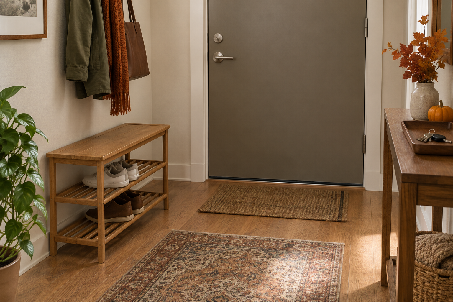 Freestanding shoe bench and separate keys tray beside a clear doorway