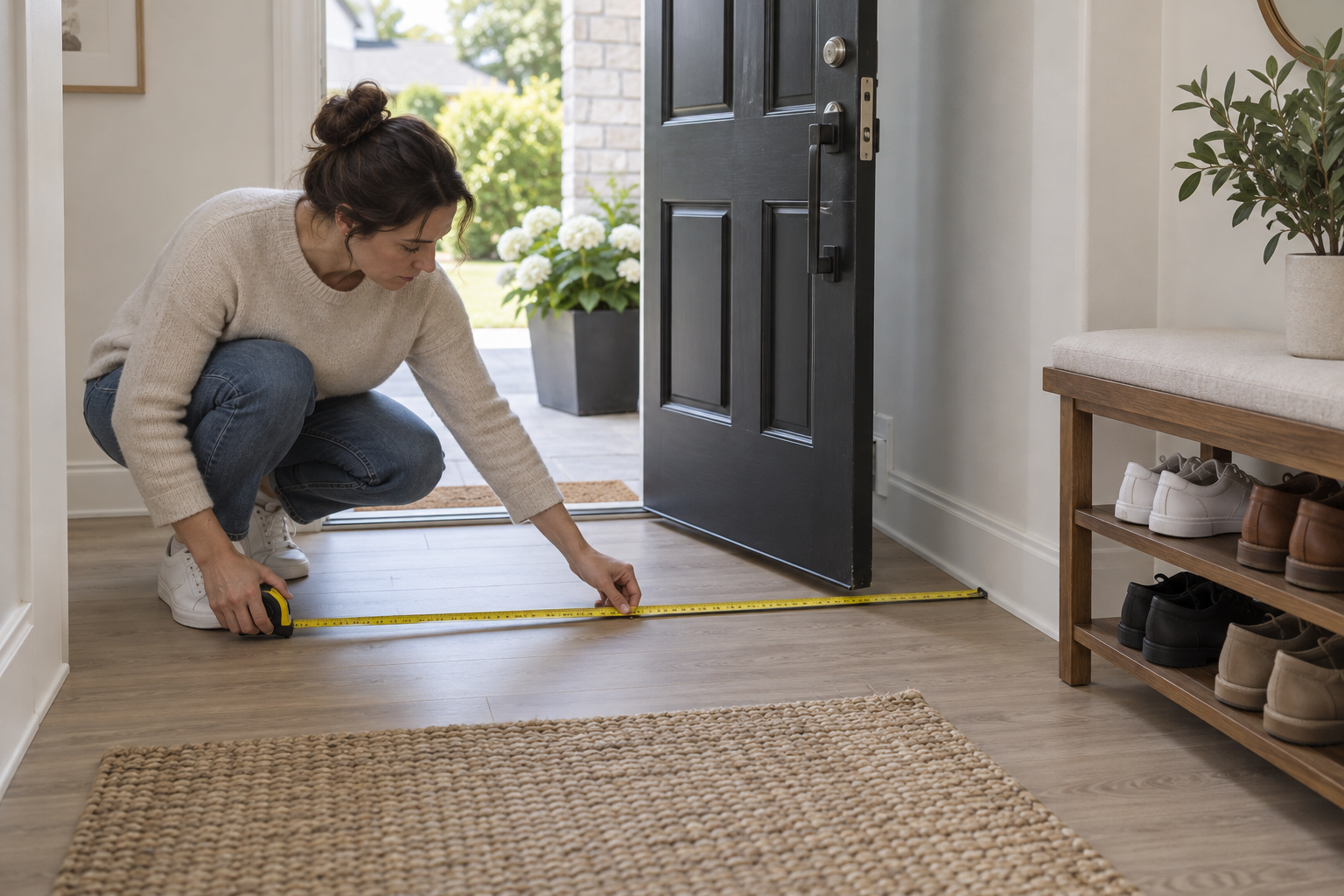 An adult measuring available floor space near an open door