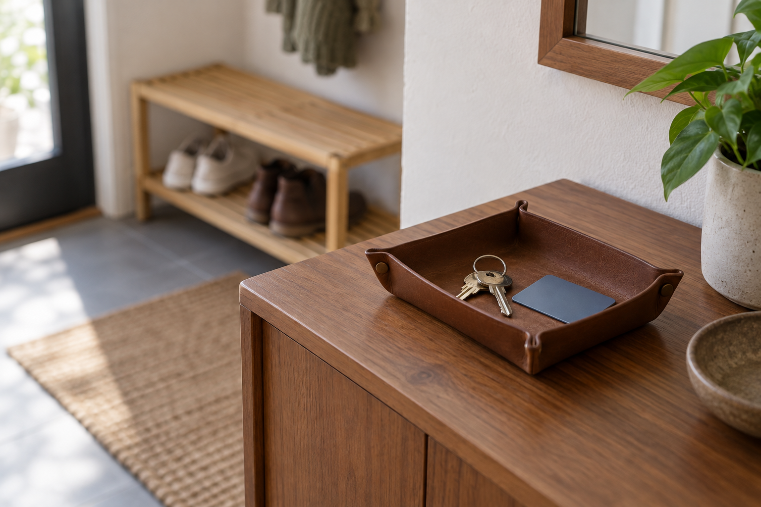 Keys and a plain card in a brown tray on an existing console