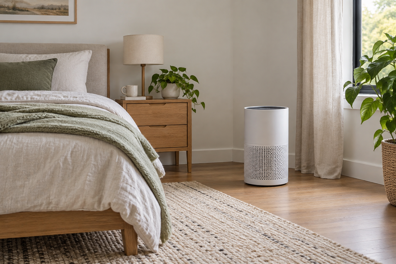 Generic unbranded air purifier in a bedroom.