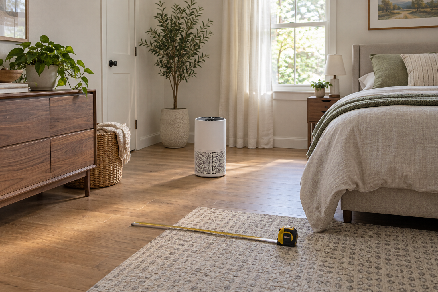 Bedroom layout with a generic purifier and measuring materials.