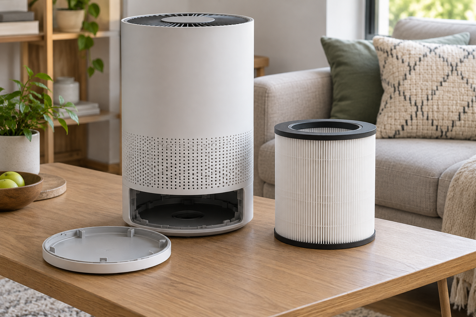 Generic cylindrical filter beside an unbranded air purifier.
