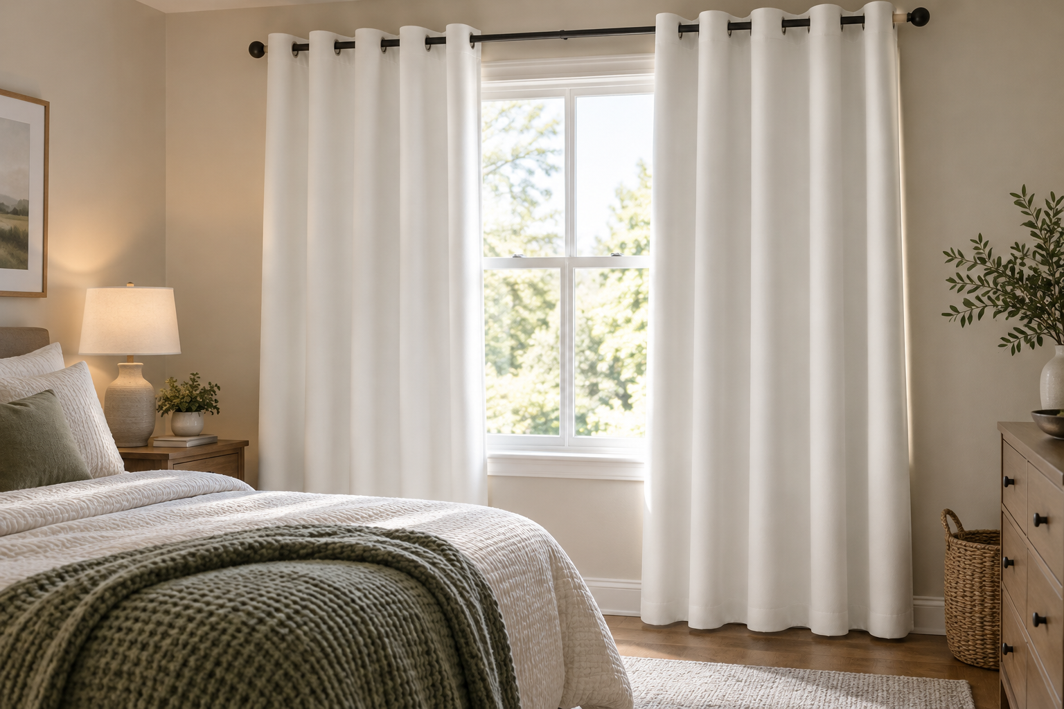 White curtain panels hanging around a bedroom window.