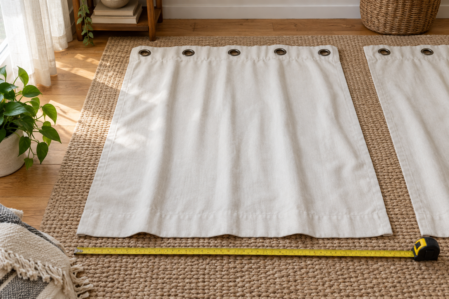 Flat curtain panels beside a tape measure.