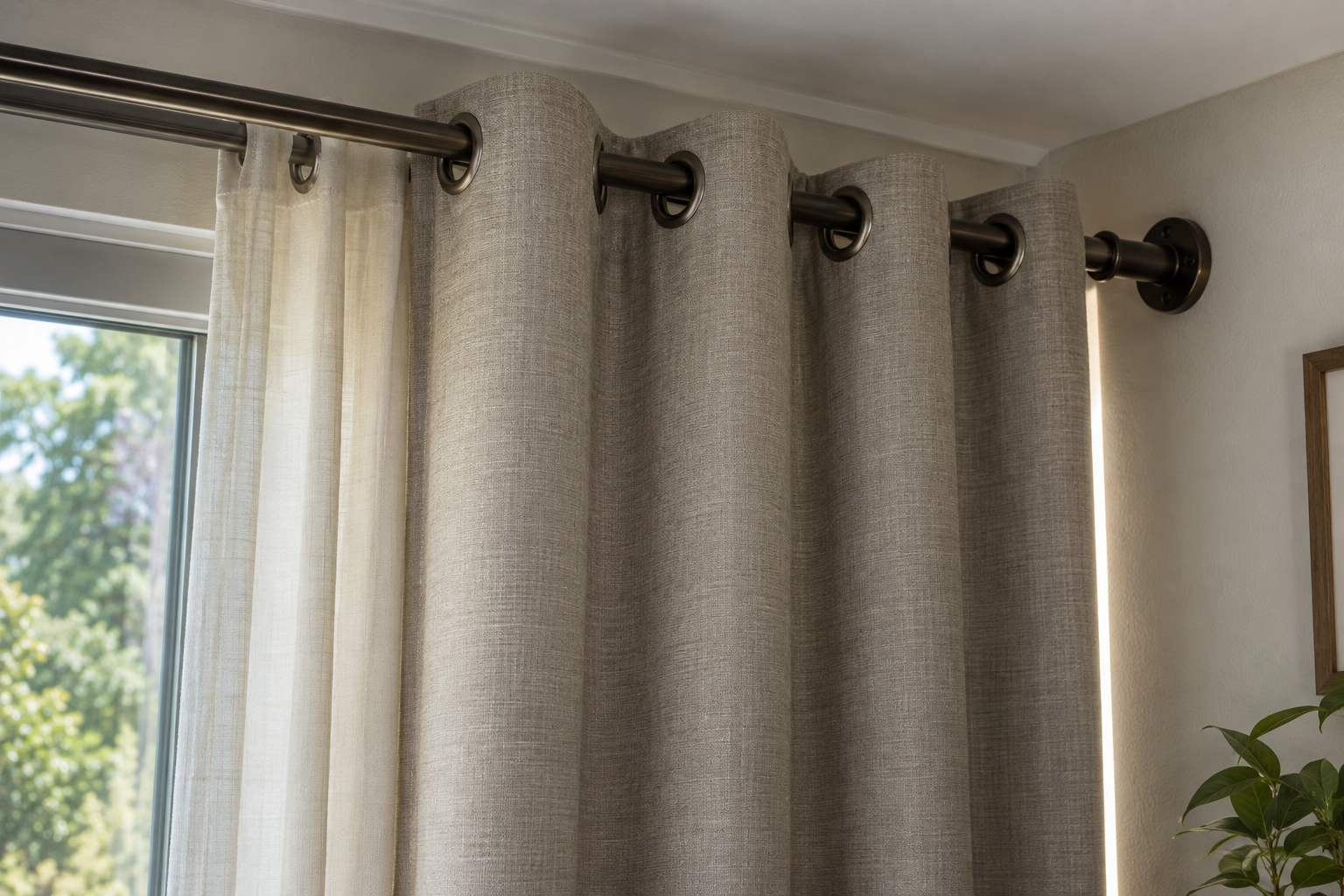 Grommet curtain top and fabric near a window edge.
