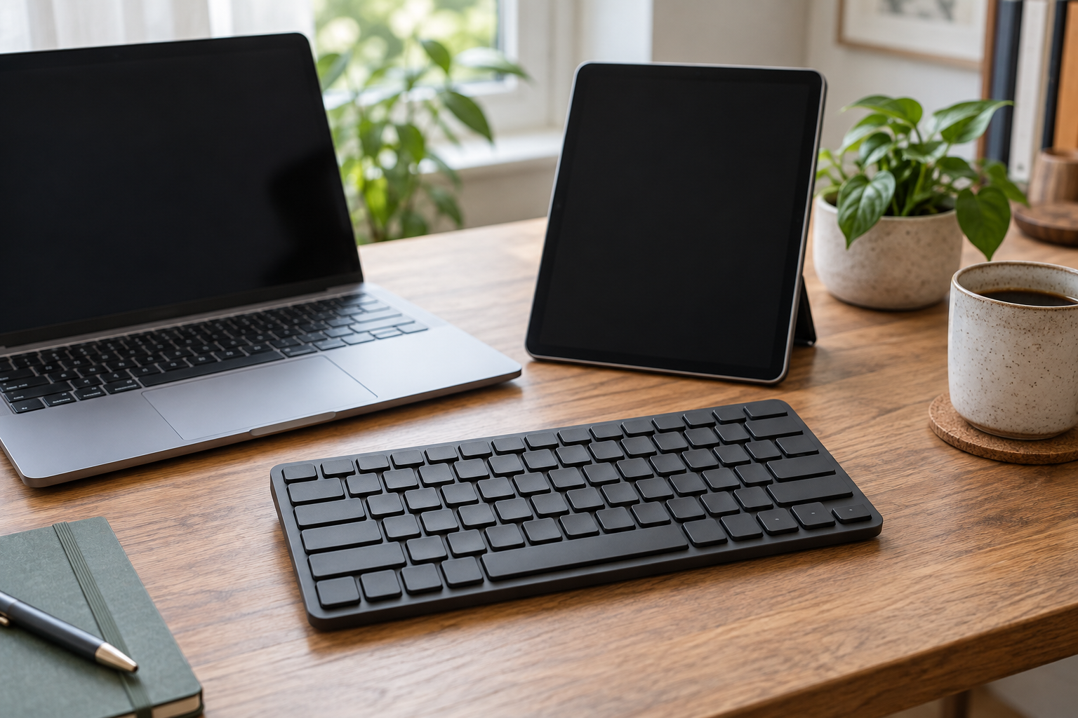 Generic compact blank-keycap keyboard beside a laptop and tablet.