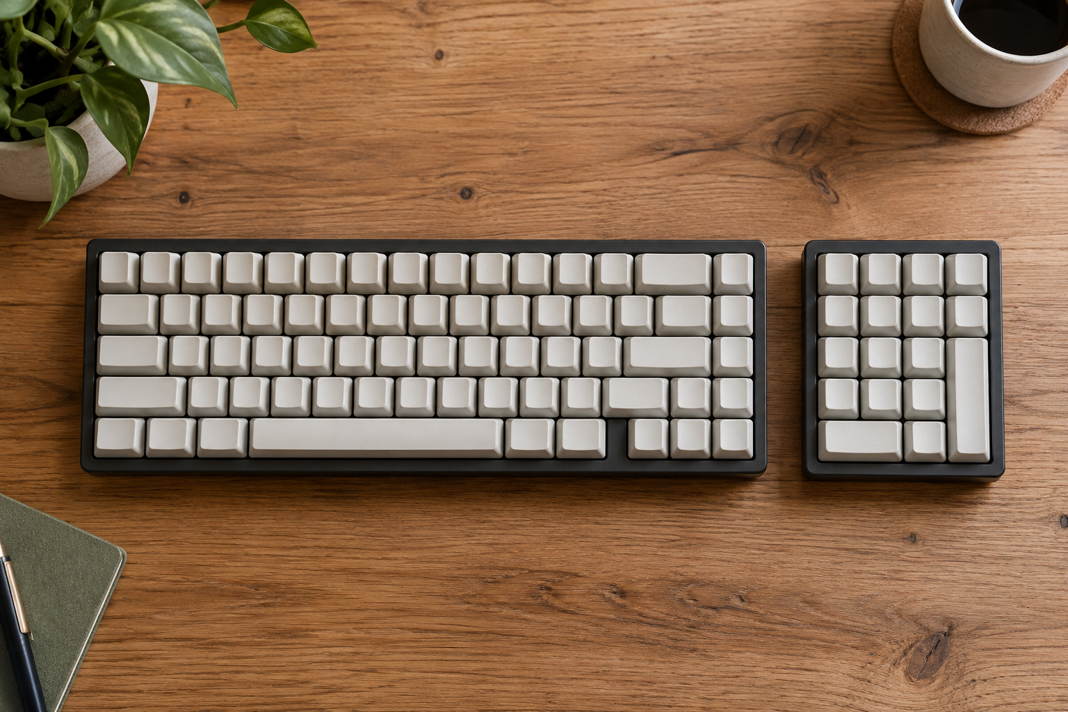 Generic blank-keycap compact keyboard beside a separate numeric keypad.