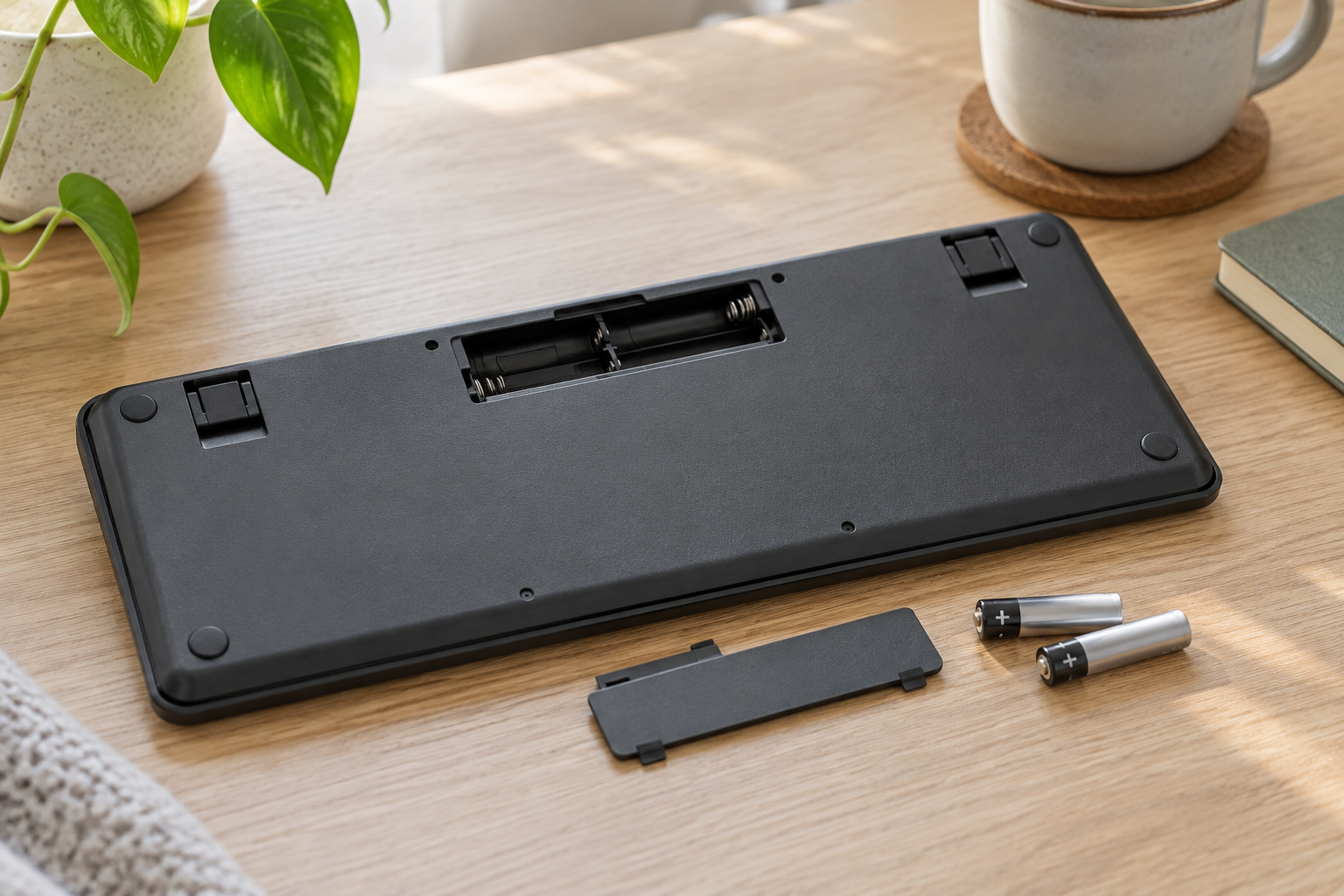 Underside of a generic keyboard beside replacement batteries.