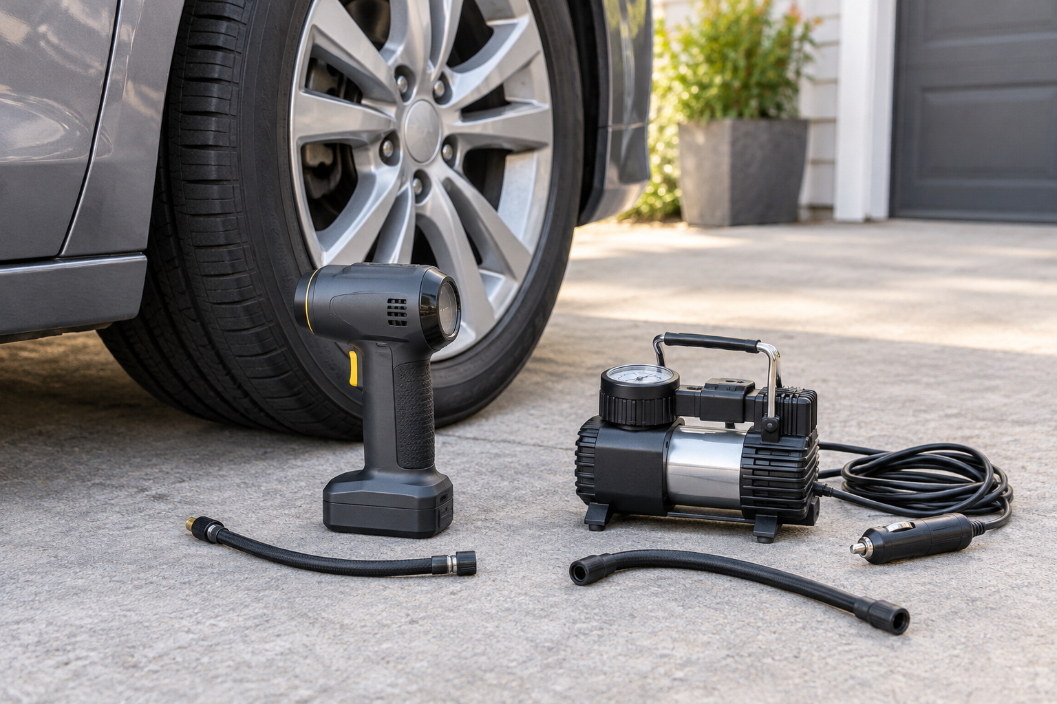 Generic cordless and corded pumps beside a parked car tire.