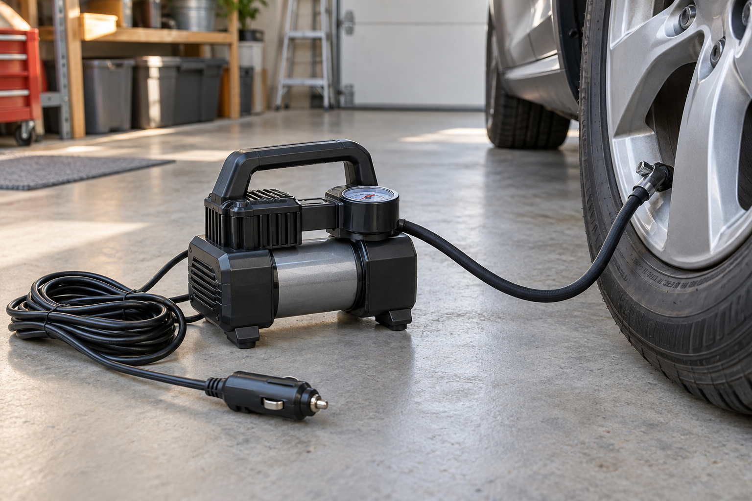 Generic corded pump, accessory plug and hose beside a tire.