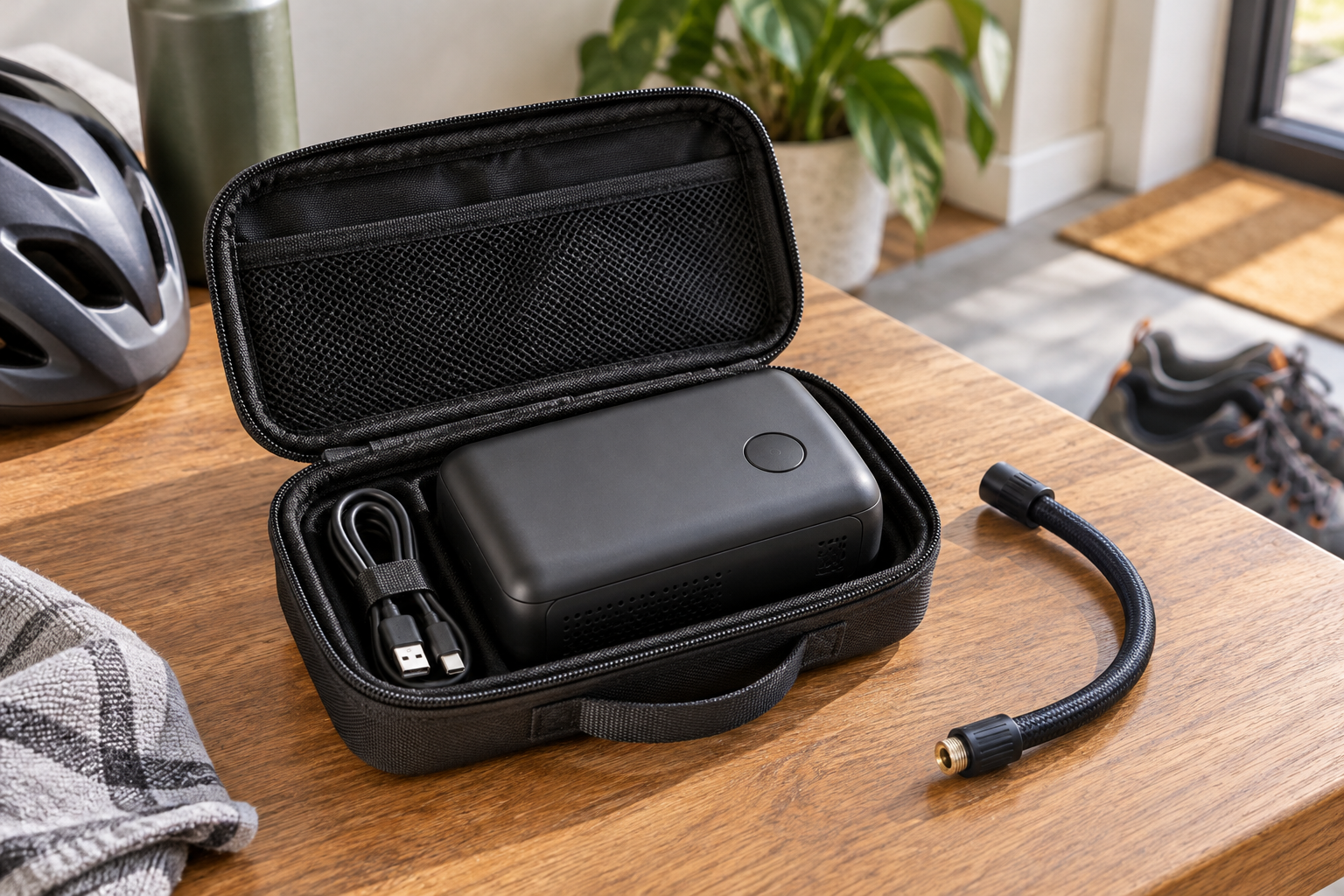 Generic portable inflator in a case with a detached hose.