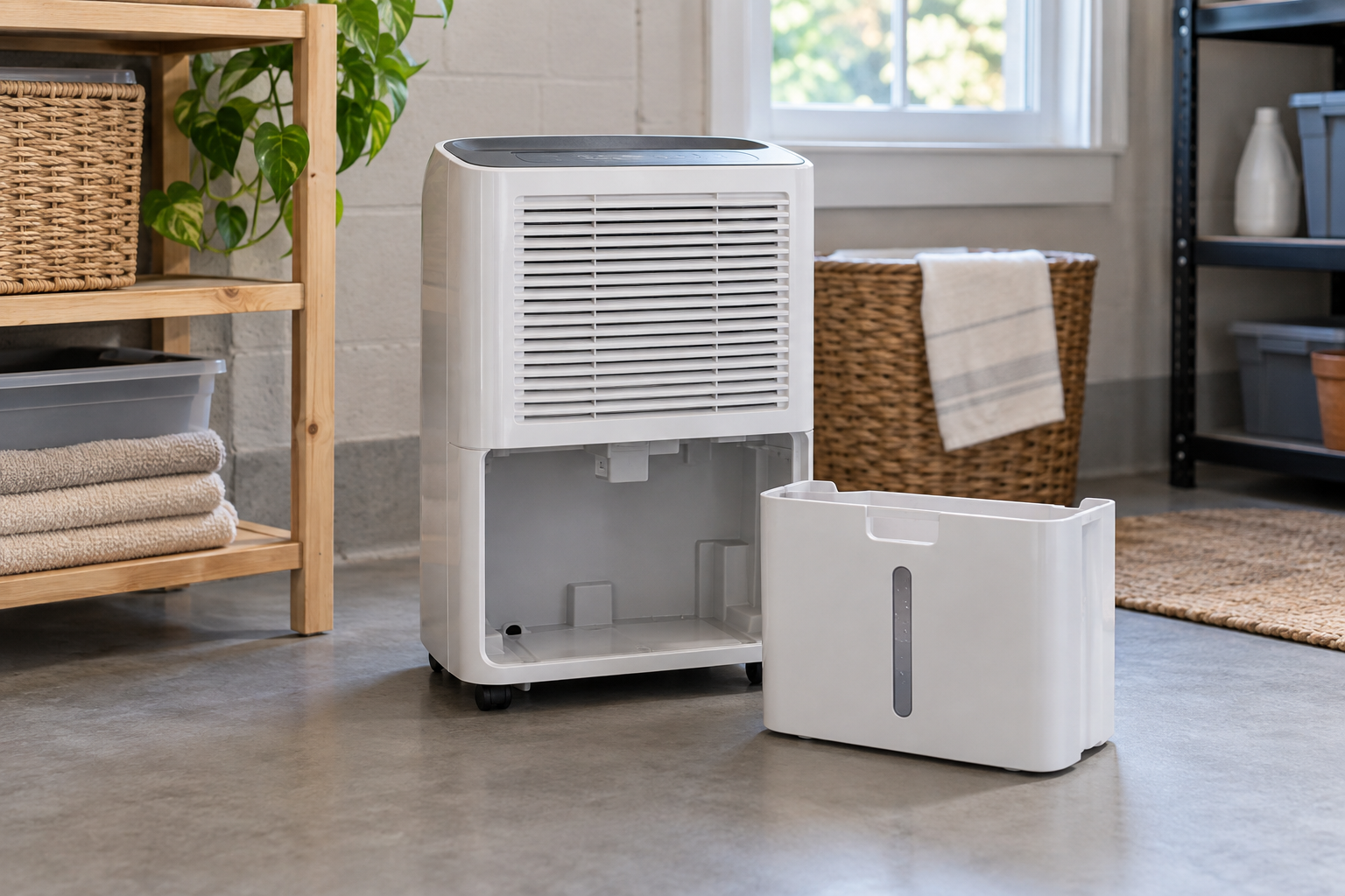 Generic dehumidifier beside a removable bucket.