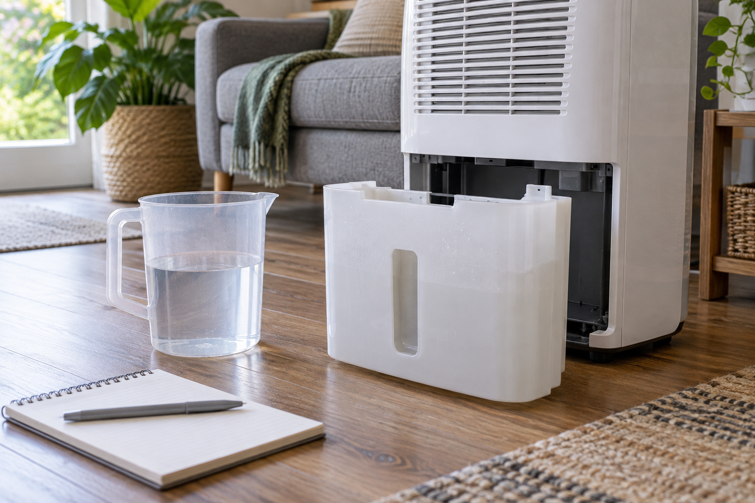 Generic bucket and measuring jug beside a dehumidifier.