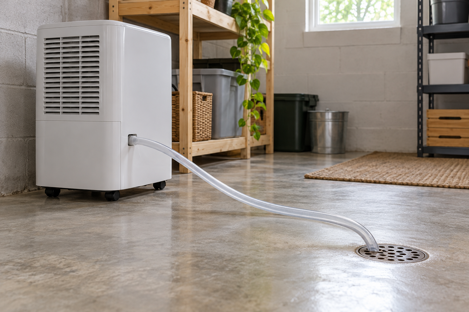 Generic drain hose running toward a floor drain.
